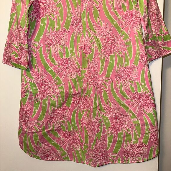 Lilly Pulitzer XS Quarter Button 3/4 Sleeve Collared Dress Easy Tiger Green Pink - Picture 2 of 12